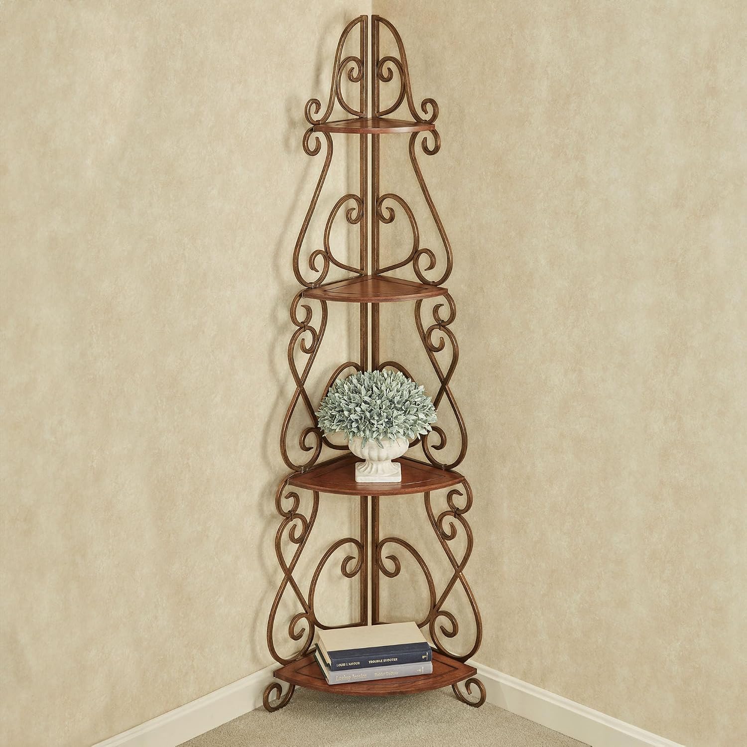 Touch of Class Meyda Scrolling Natural Cherry Wooden and Metal Corner Shelf Etagere
