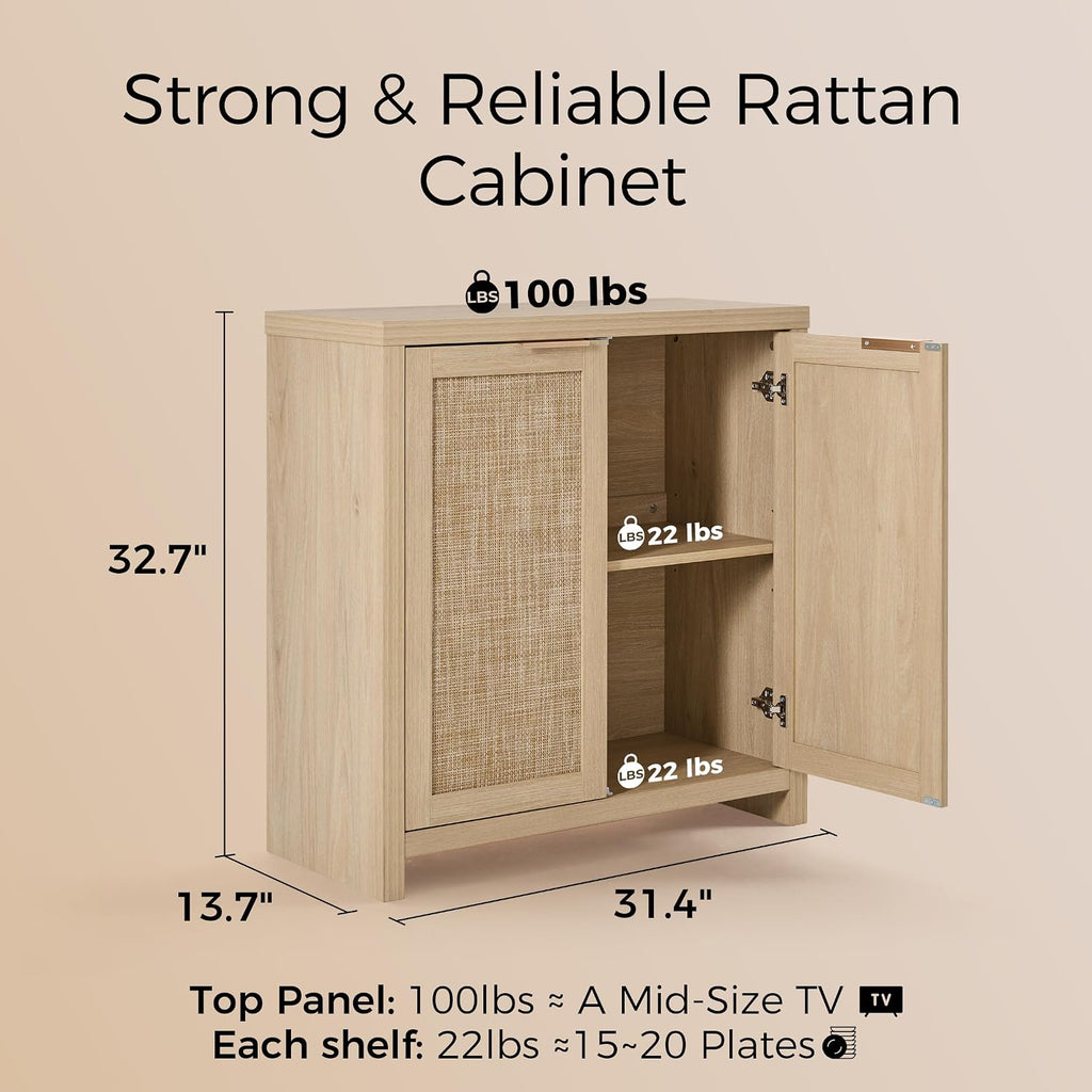 OAKHAM HOME Rattan Sideboard Buffet Cabinet with Storage, Boho Farmhouse Credenza with Adjustable Shelves, Decorative Coffee Bar Cabinet for Kitchen, Living Room & Entryway Organization, Light Oak