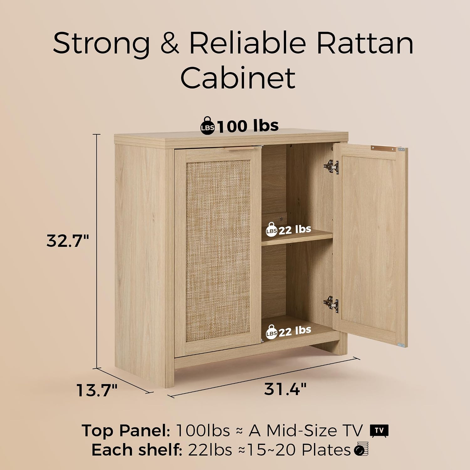 OAKHAM HOME Rattan Sideboard Buffet Cabinet with Storage, Boho Farmhouse Credenza with Adjustable Shelves, Decorative Coffee Bar Cabinet for Kitchen, Living Room & Entryway Organization, Light Oak