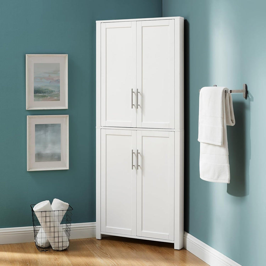 Crosley Furniture Savannah Traditional Corner Pantry Storage Cabinet with Shelves, Kitchen, Dining, Laundry, White
