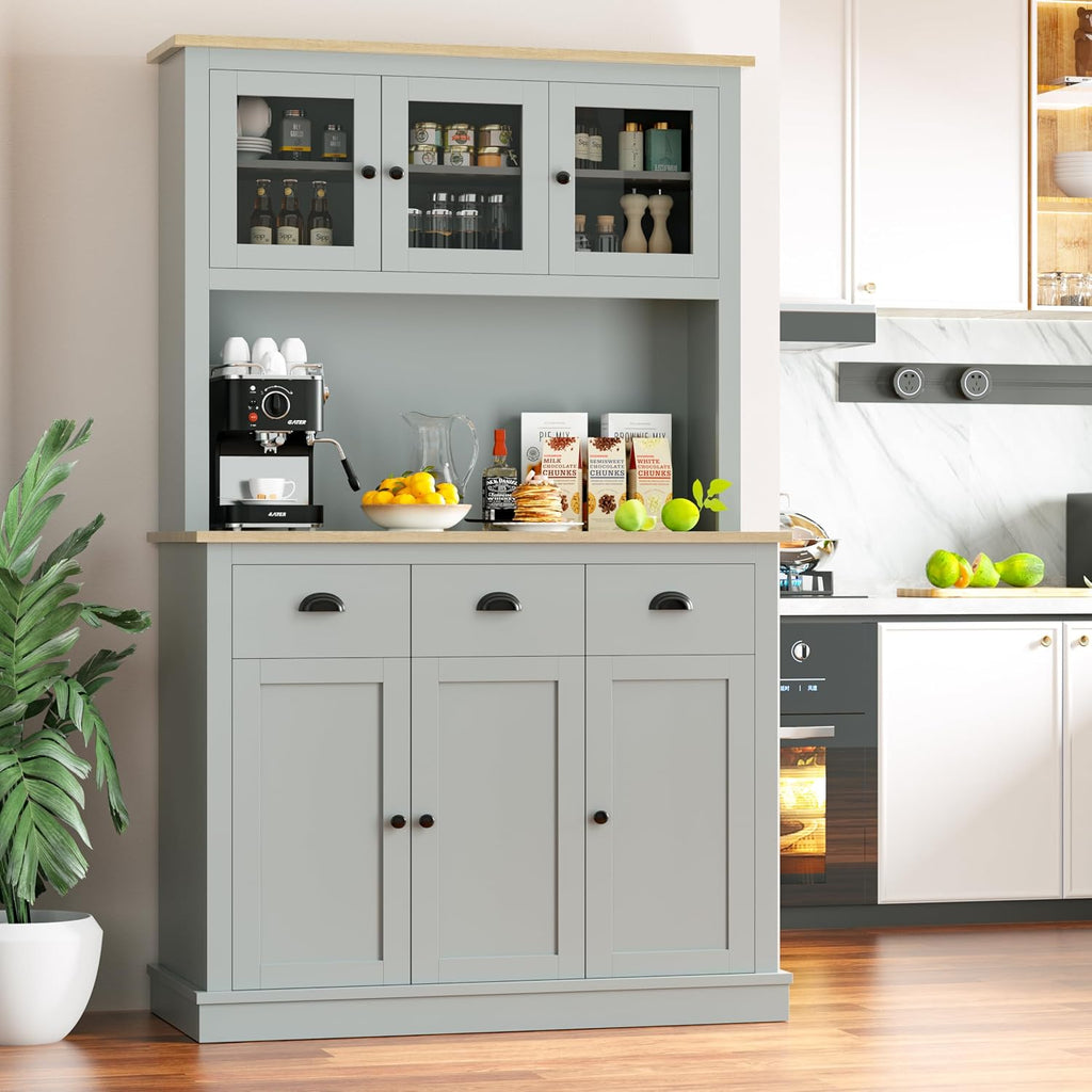 MU 71' Kitchen Pantry Cabinet with Charging Station, Tall Pantry Hutch with Drawers, Countertop & Microwave Shelf, Food Storage Cabinet for Dining Room & Coffee Bar, Grey