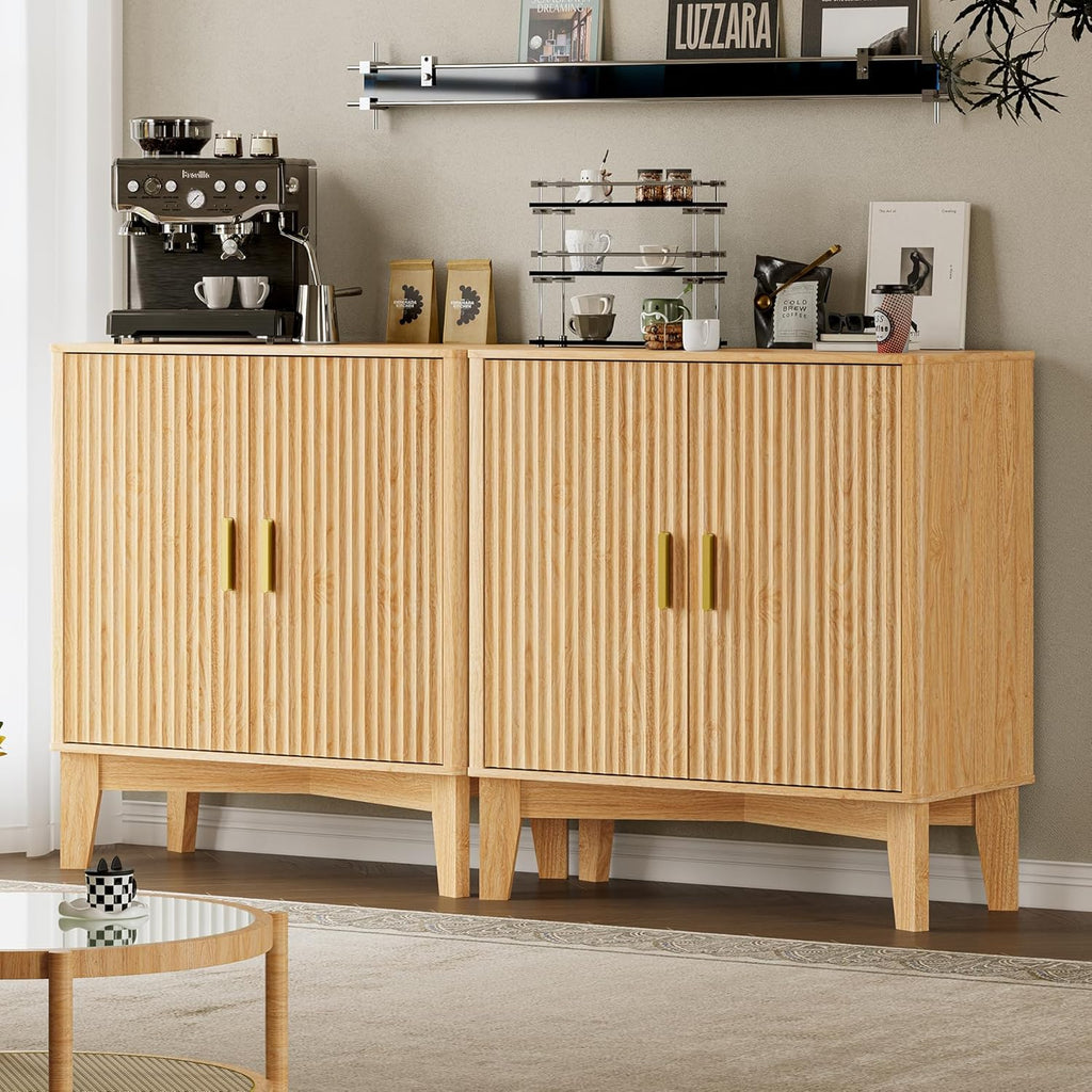 BORNOON Storage Cabinet with Doors and Adjustable Shelf, Modern Fluted Sideboard Buffet Cabinet, Freestanding Coffee Bar for Kitchen, Pantry, Entryway, Living Room (Natural Oak)
