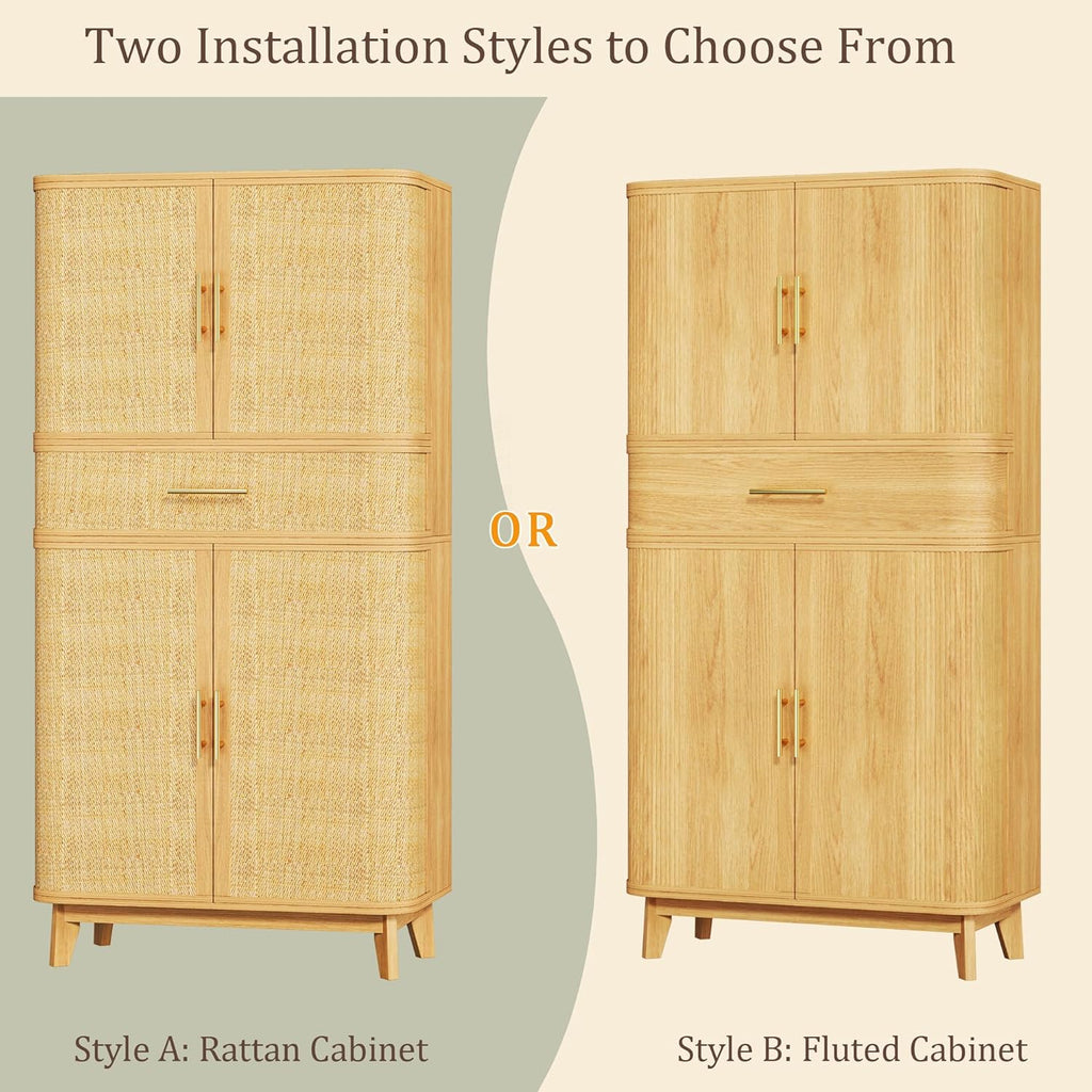 HUAHUU 71' Pantry Cabinet with Drawer, Kitchen Pantry Storage Cabinet with 4 Doors, Modern Curved Storage Cabinets with 10 Large Storage Spaces for Dining Room, Living Room, Oak