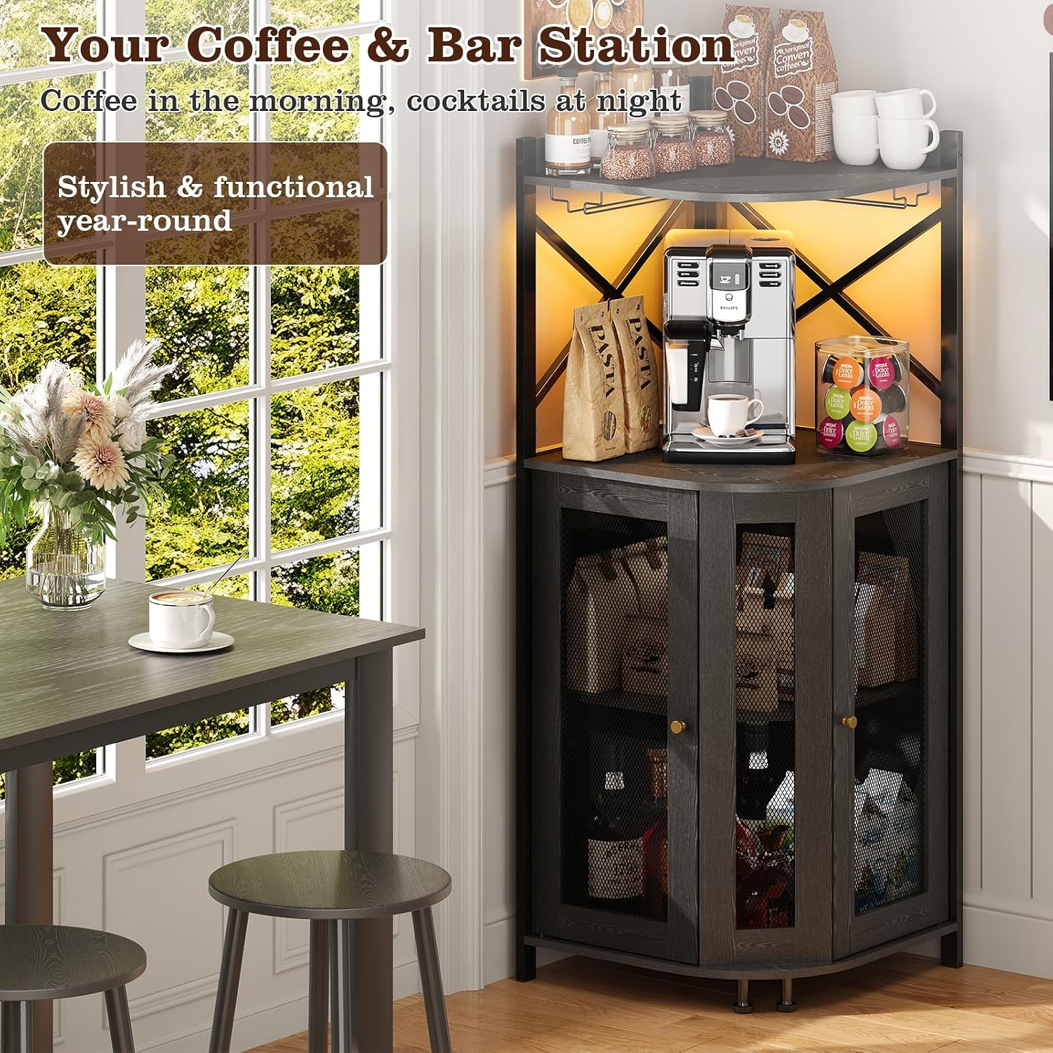 JKsmart Corner Bar Cabinet with LED Lights,4-Tier Wine Bar Cabinet with Glass Holder,Industrial Liquor Cabinet with Door and Shelf,Farmhouse Home Bar for Liquor Wine Coffee Storage,Black