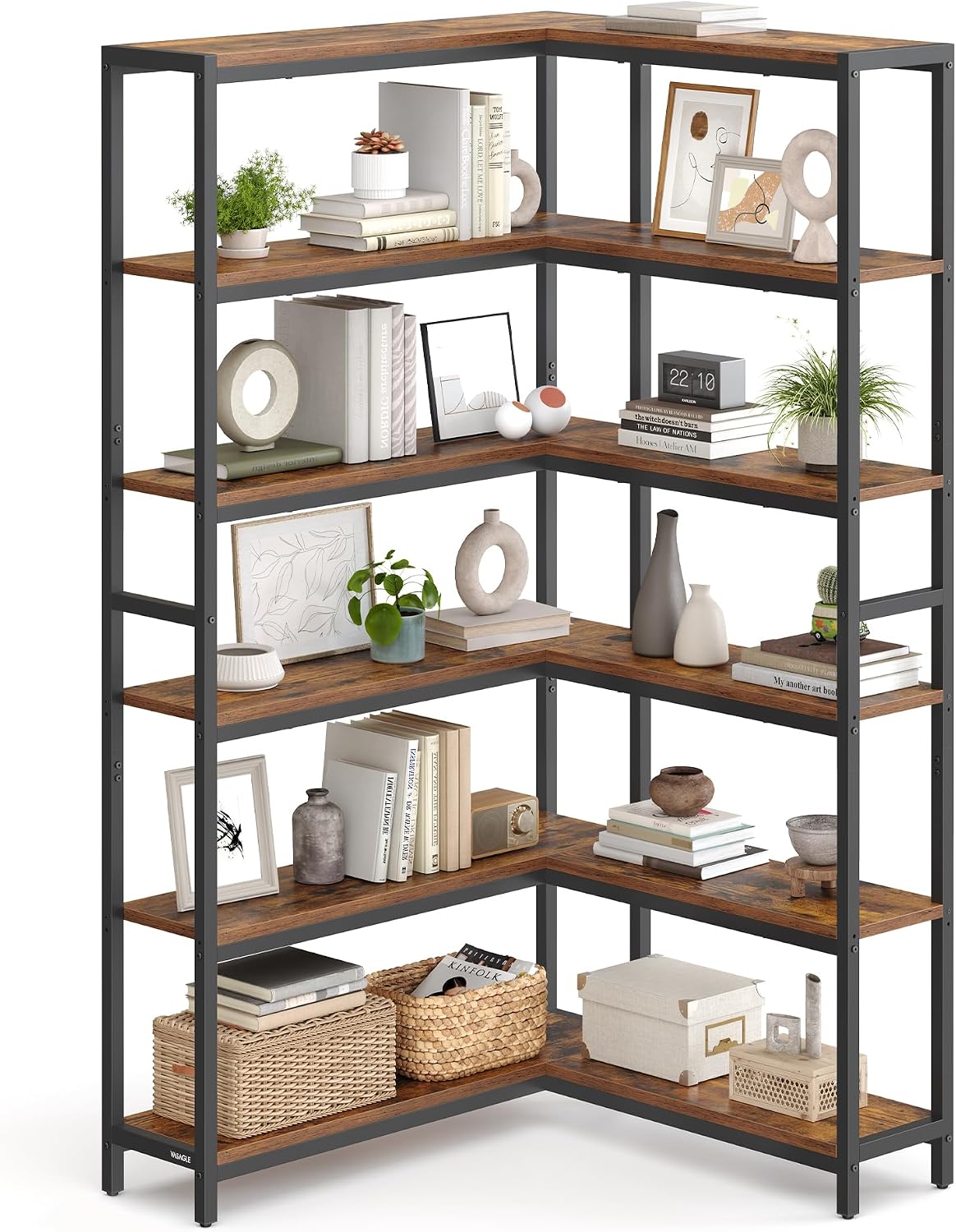 VASAGLE 6 Tier Bookshelf with Metal Frame, Convertible Industrial Corner Shelf, 9.4 x 52.8 x 69 Inches, for Living Room, Bedroom, Home Office, Rustic Brown and Ink Black ULLS806K01