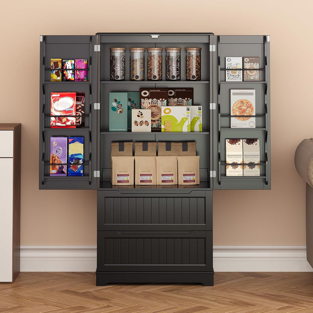 Gizoon Kitchen Storage Cabinets with Drawers Freestanding Kitchen Pantry with Doors and Shelves, 63' Food Pantry Cabinet for Dining Room Craft Room, Black, Painted