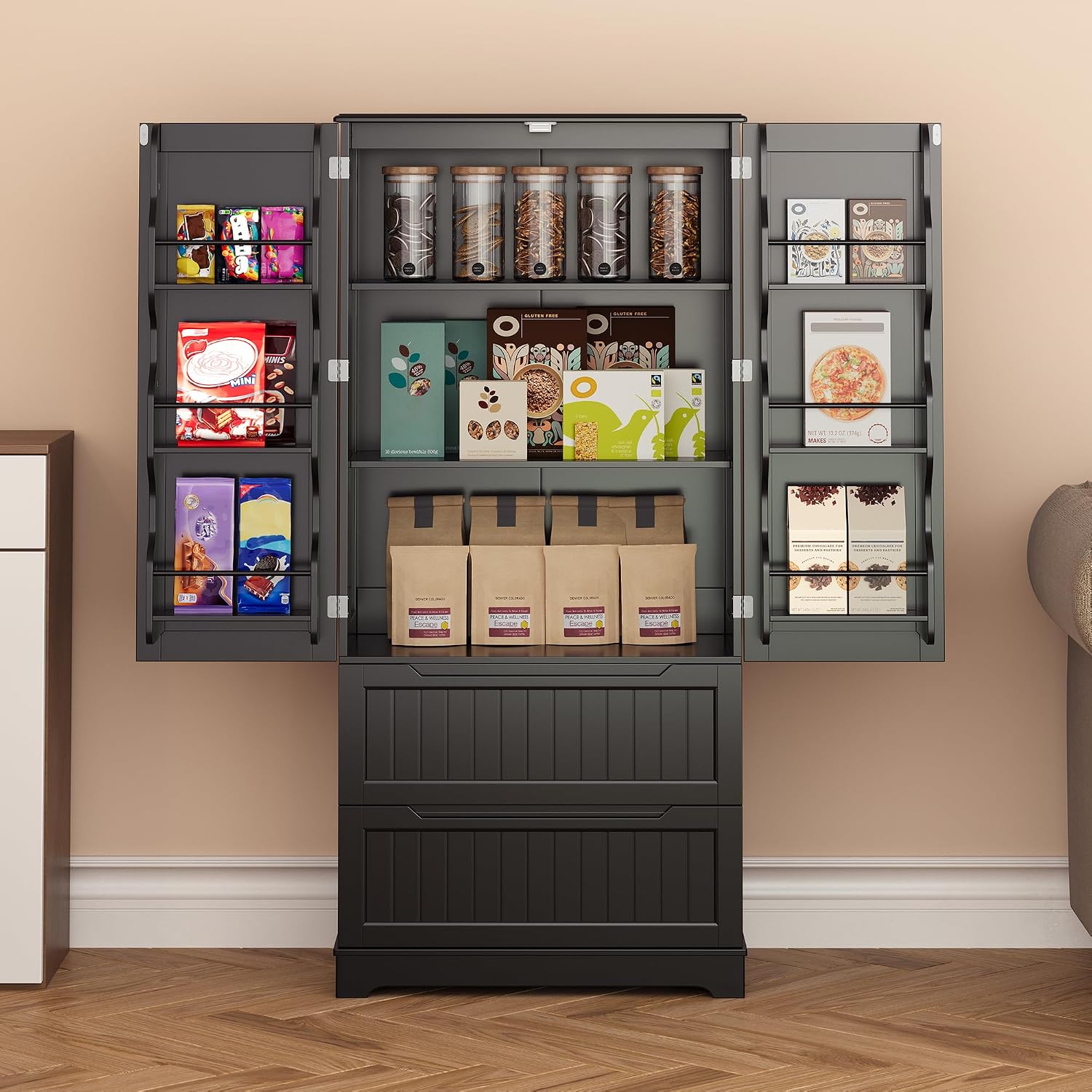 Gizoon Kitchen Storage Cabinets with Drawers Freestanding Kitchen Pantry with Doors and Shelves, 63' Food Pantry Cabinet for Dining Room Craft Room, Black, Painted