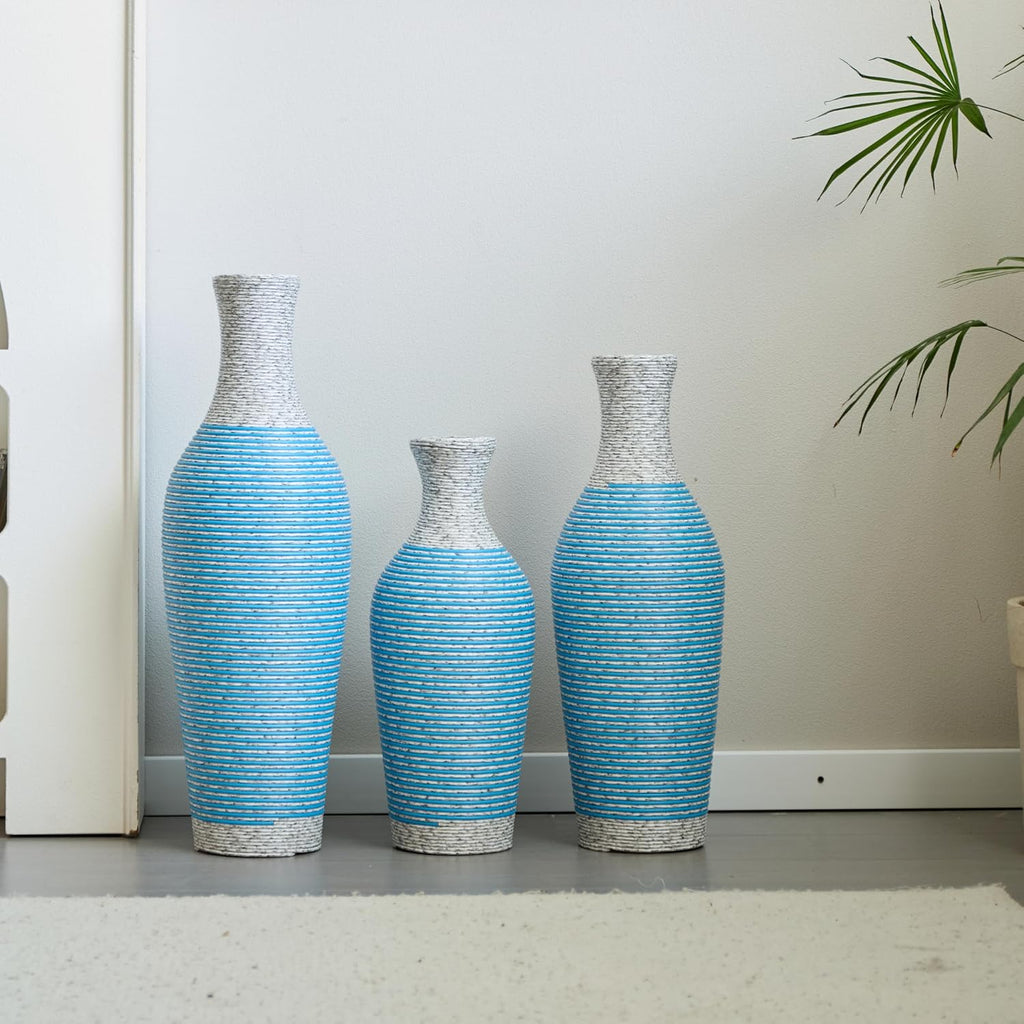 Floor PVC Decorated Vases Set of 3 for Gorgeous Home Decoration Large Classic Neat PVC Vases 20.4in/24.4in/28.3in Height (White+Blue)