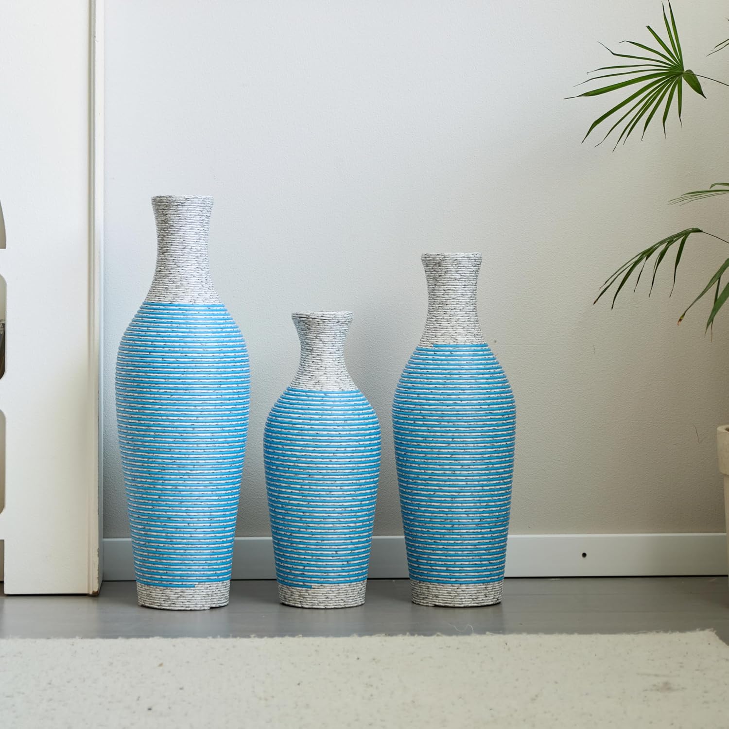 Floor PVC Decorated Vases Set of 3 for Gorgeous Home Decoration Large Classic Neat PVC Vases 20.4in/24.4in/28.3in Height (White+Blue)