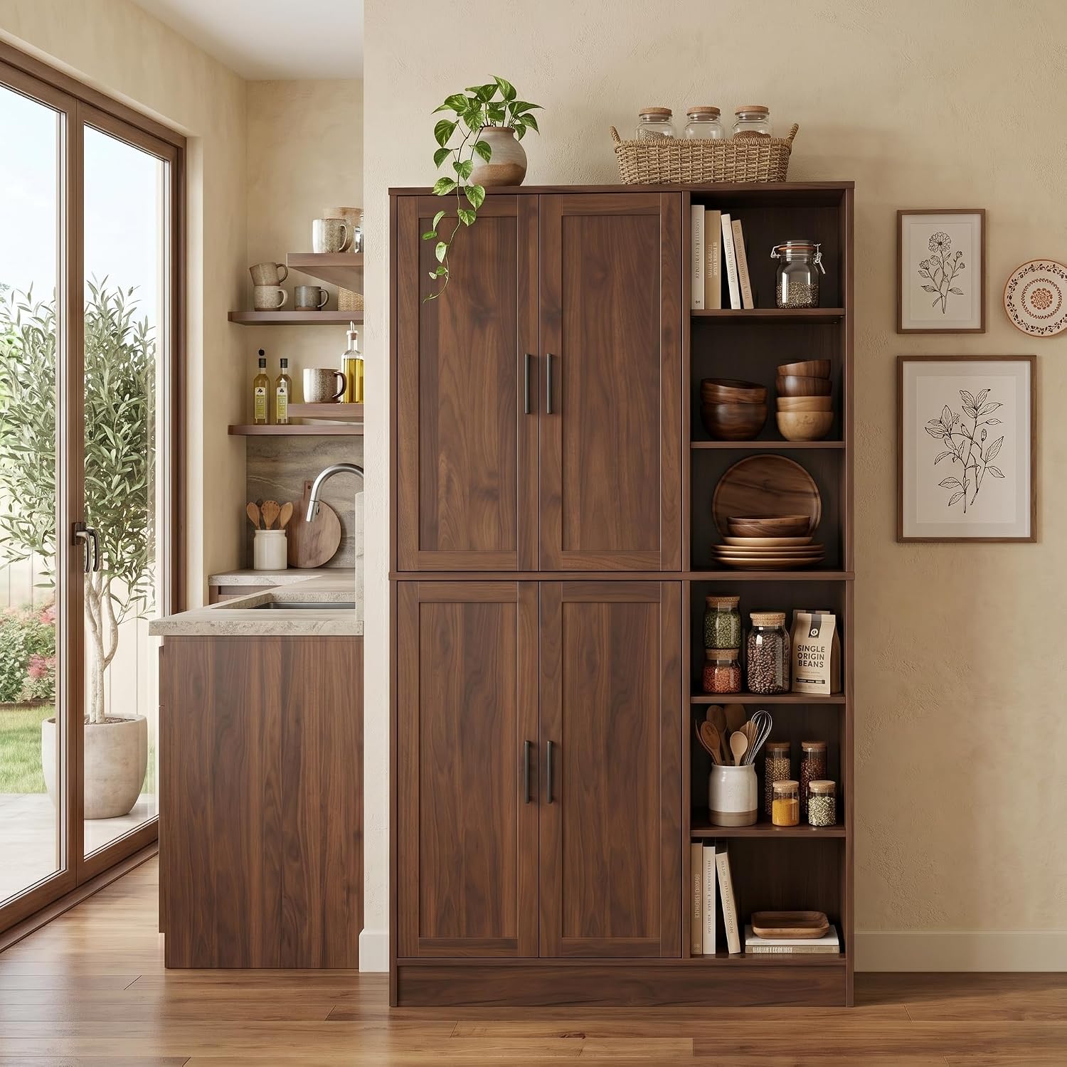 holzart 63' Tall Kitchen Pantry Cabinet, Freestanding Dining Room Storage Hutch with 4 Doors and Adjustable Shelves, Modern Utility Cupboard for Coffee Bar and Microwave, Brown