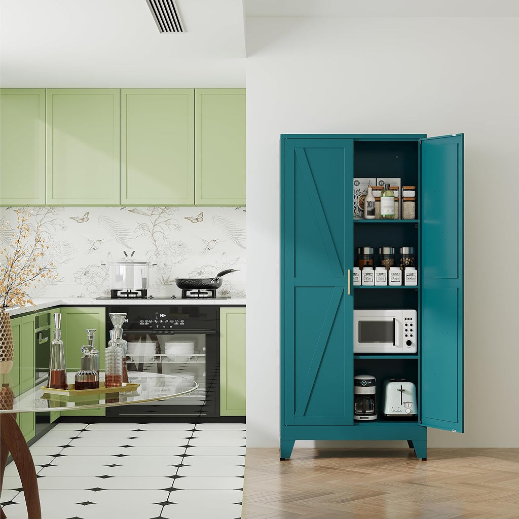 QINPTWUT 61' Metal Storage Cabinet, 4-Tier Kitchen Pantry with 3 Adjustable Shelves, Farmhouse Design Freestanding Cupboard for Kitchen, Bathroom, Laundry, Garage, Blue