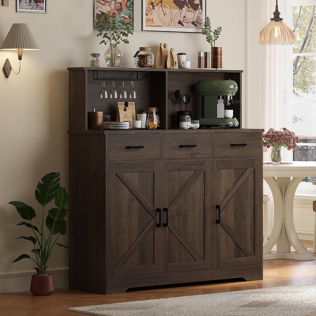 GarveeHome Farmhouse Sideboard Buffet with Microwave Stand, Barn Doors Buffet Storage Cabinet with Drawers and Shelves, Wood Coffee Bar Cabinet for Kitchen, Dining Room, Living Room, Brown