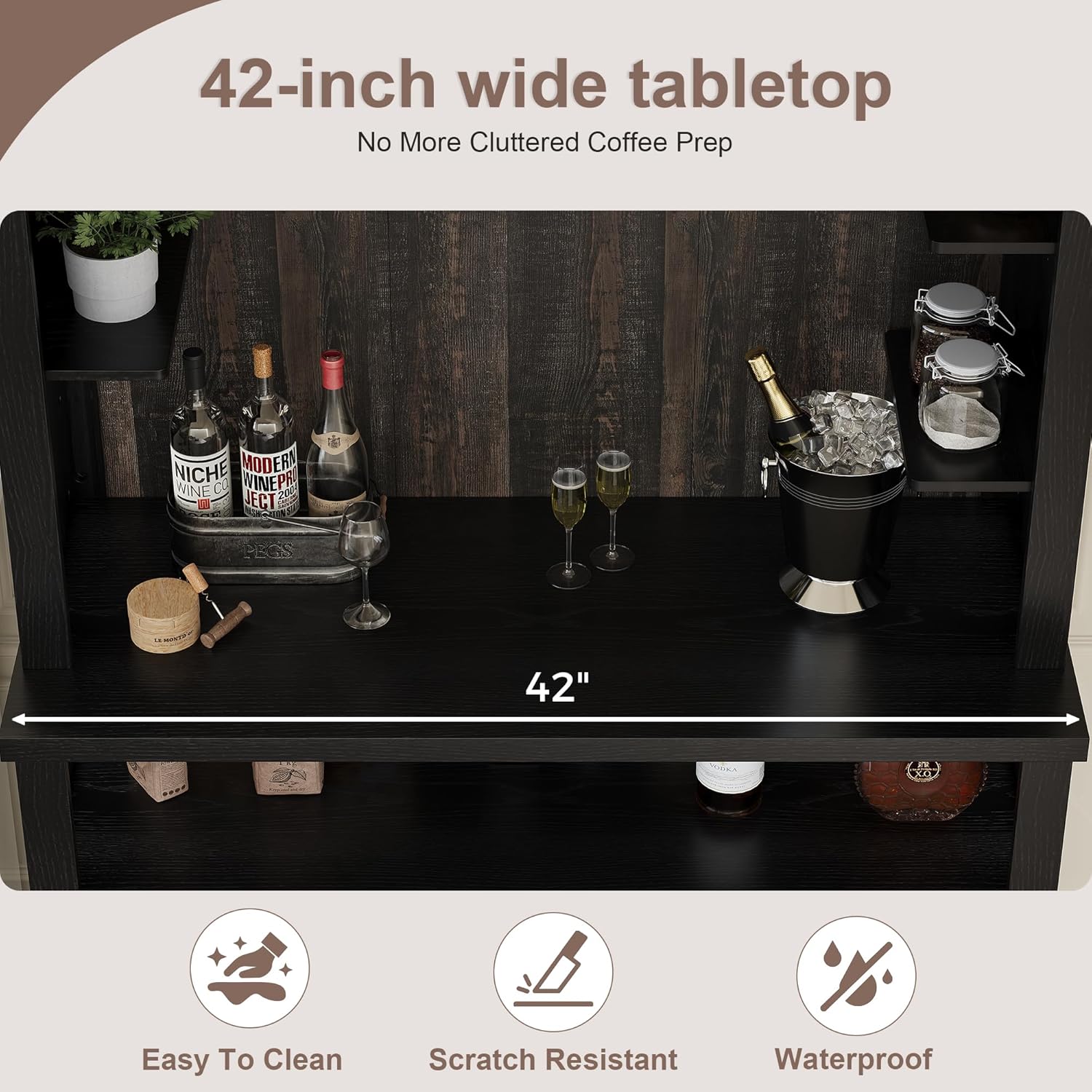 GarveeHome Coffee Bar Cabinet with LED Lights,72 '' Tall Buffet Cabinet with Storage,Farmhouse Kitchen Sideboard Tall Coffee Hutch with Microwave Stand/Wine Rack/Glass Shelf Dining Room (Black)