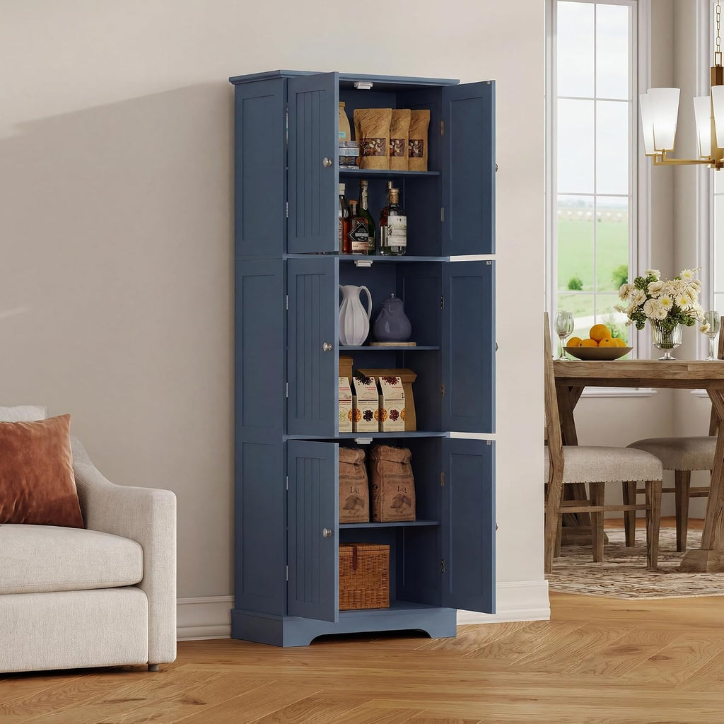 ChooChoo Tall Bathroom Storage Cabinet with 6 Doors, Freestanding Floor Cabinet with Adjustable Shelves, Blue Pantry Cabinet for Bathroom, Kitchen, Laundry Room