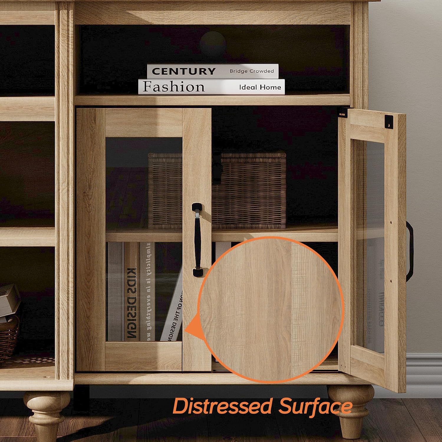 WAMAPT Buffet Cabinet with 4 Glass Doors, Large Coffee Bar Tables Wood Kitchen Storage Cabinets with 9 Storages, Modern Farmhouse Sideboard Credenza, Oak, 70 inch