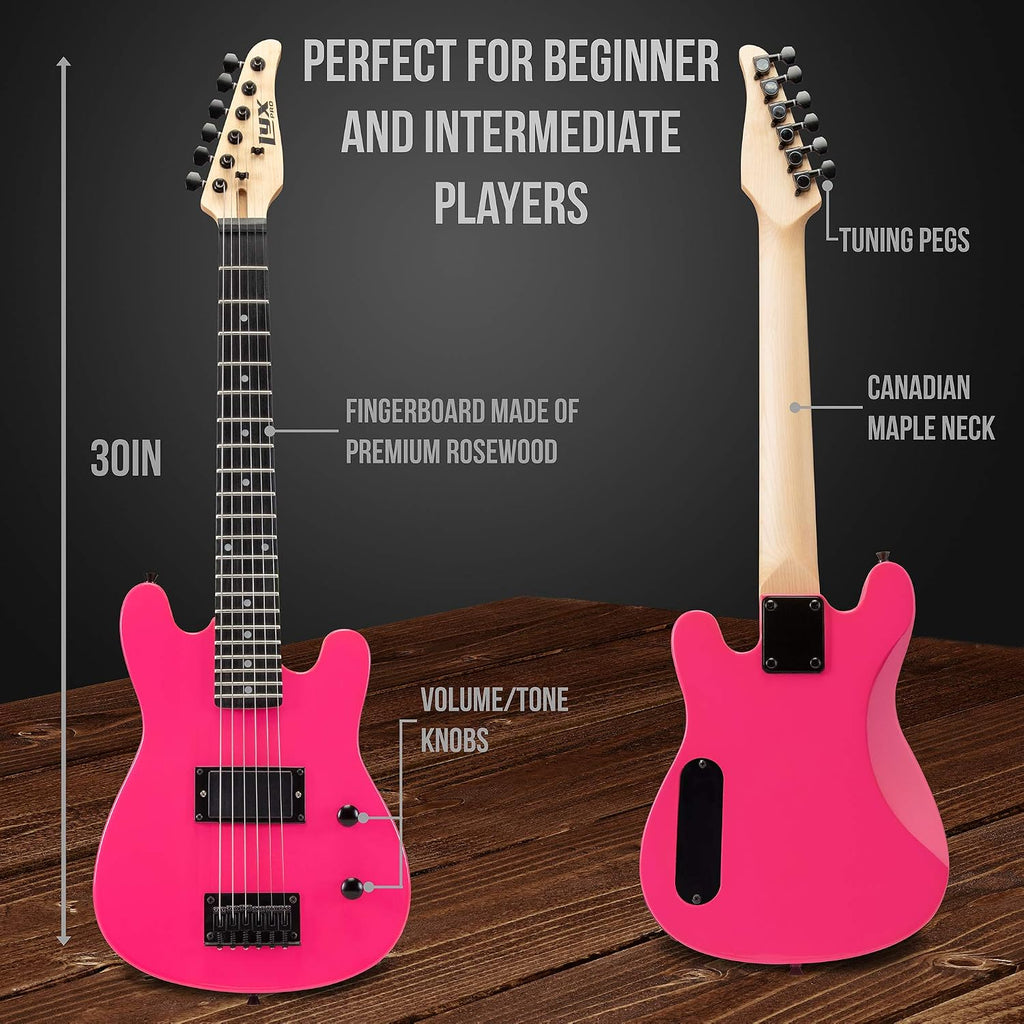 LyxPro 30 Inch Electric Guitar and Starter Kit for Kids with 3/4 Size Beginner's Guitar, Amp, Six Strings, Two Picks, Shoulder Strap, Digital Clip On Tuner, Guitar Cable and Soft Case Gig Bag - Pink