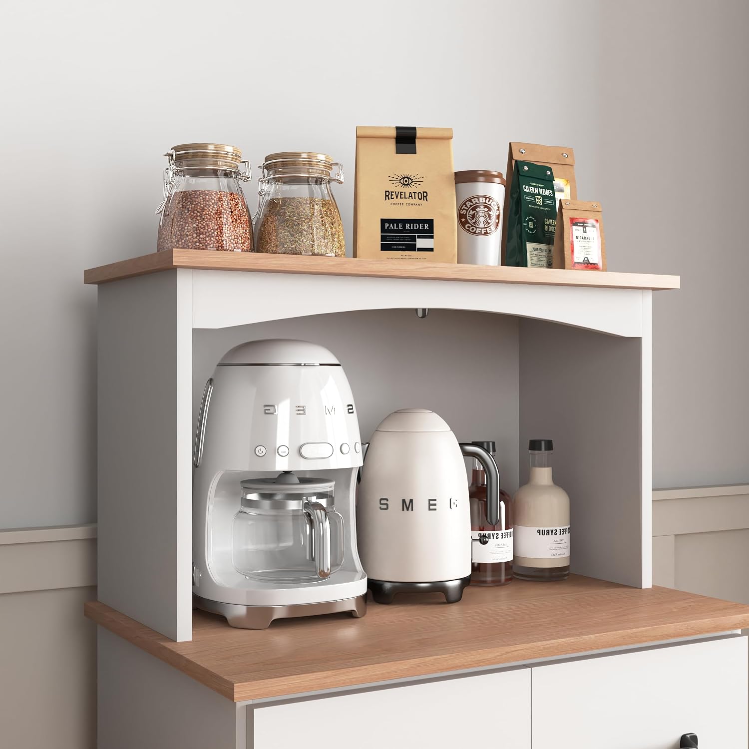 Kitchen Pantry Storage Cabinet Bar Cabinet Cupboard with Storage Drawers and Adjustable Shelf, Microwave Cabinet with Open Space for Kitchen Dining Room Living Room, White