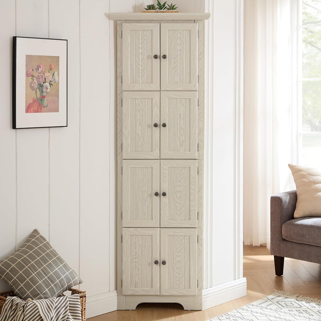 72' Corner Design Freestanding Storage Cabinet, Kitchen Storage Bakers Rack with Sleek Metal Handles, Utility Food Cupboard with 4-Tier Shelves for Kitchen, Bathroom, Living Room, White