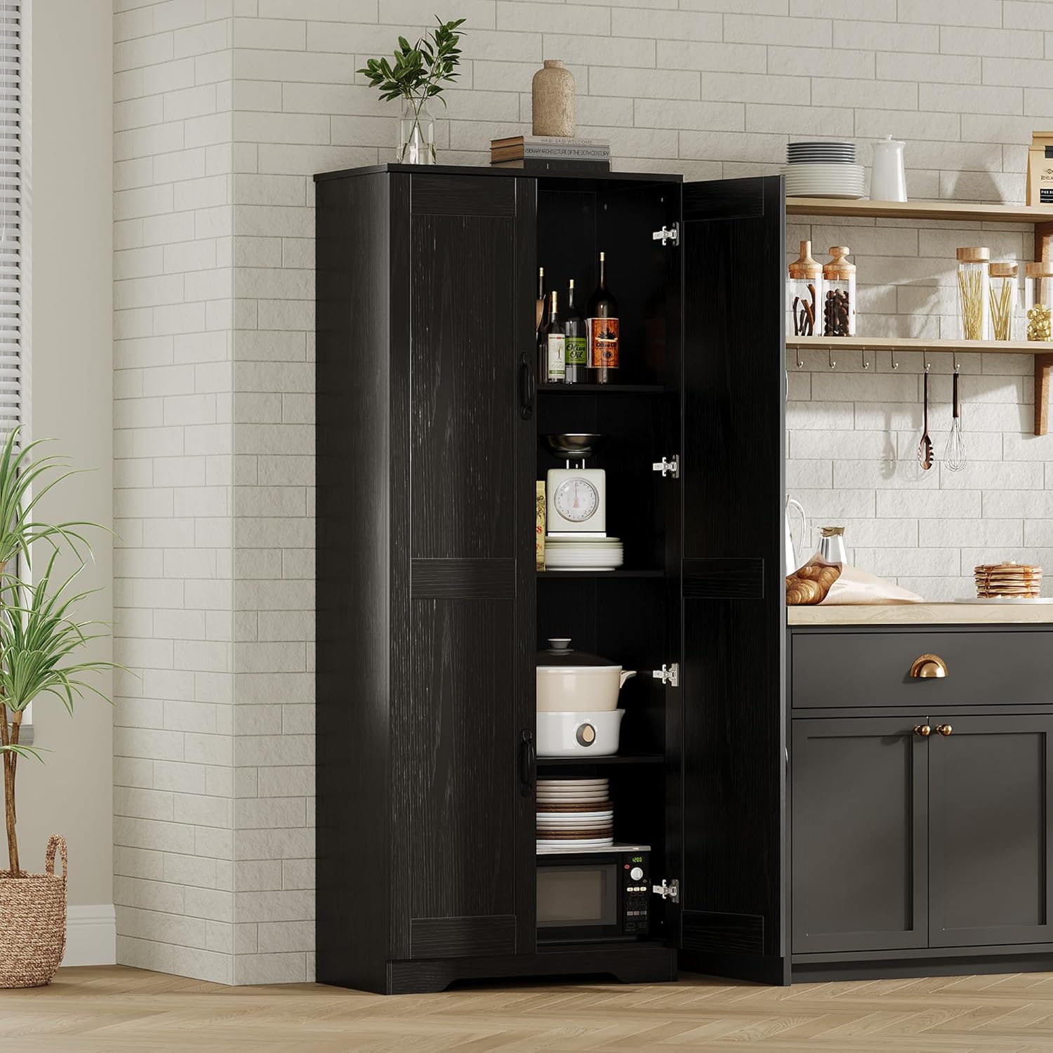 IDEALHOUSE Tall Pantry Cabinet, 60' Kitchen Pantry Storage Cabinet with 2 Doors and Adjustable Shelves, Freestanding Kitchen Cabinet, Cupboard for Dining Room, Bathroom, Antique Black