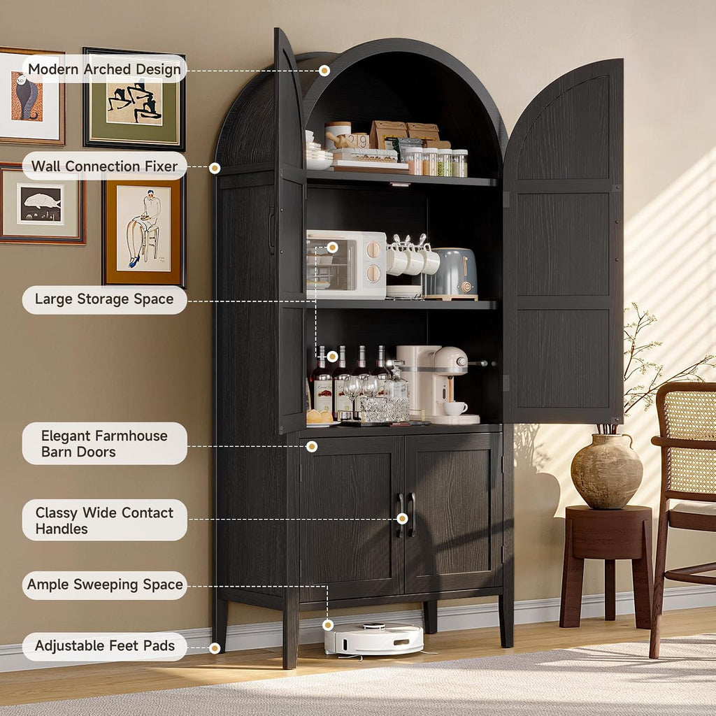 ONBRILL 71' Tall Wooden Arched Cabinet, 5-Tier Arched Kitchen Pantry Cabinet with Doors & Shelves, Farmhouse Kitchen Arch Cabinets with Adjustable Feet, Wooden Pantry Storage for Dining Room(Black)