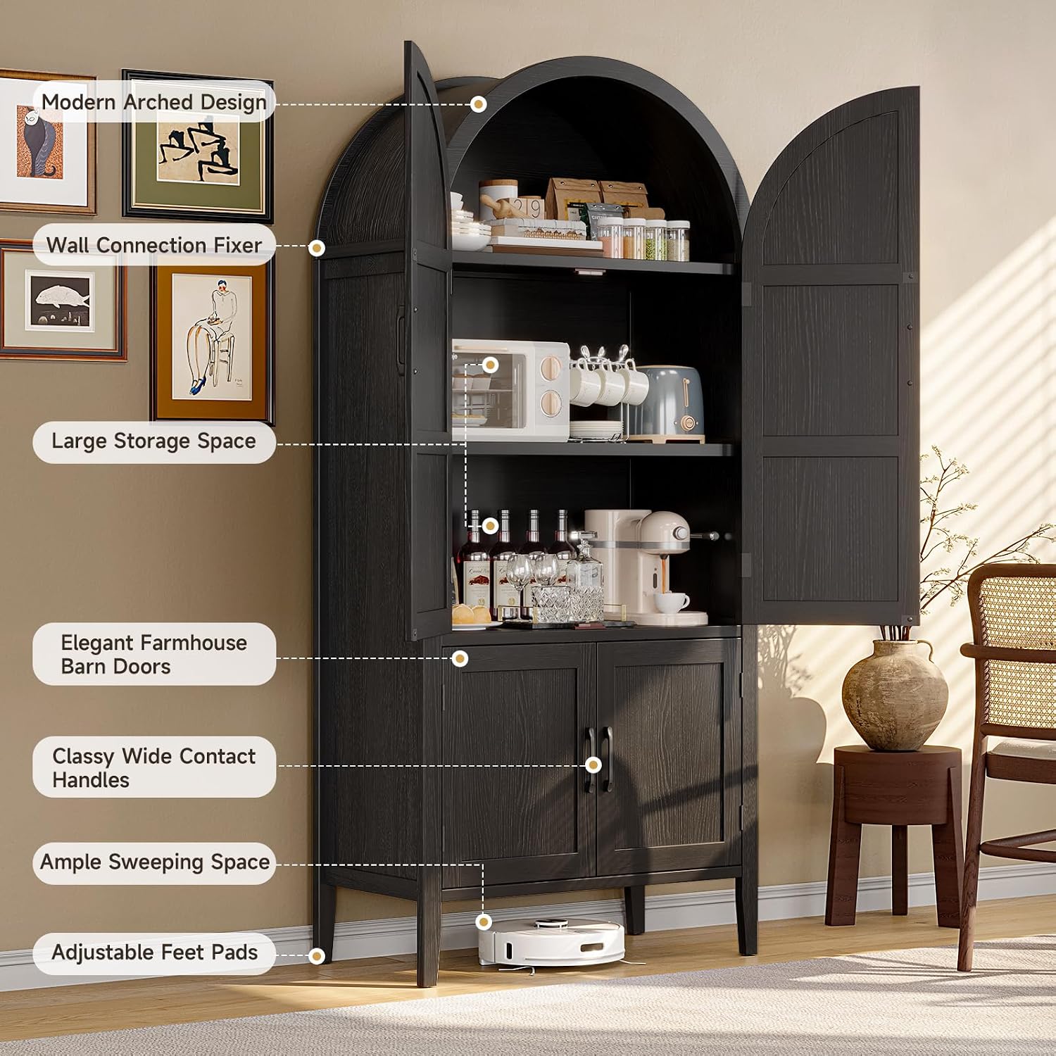 ONBRILL 71' Tall Wooden Arched Cabinet, 5-Tier Arched Kitchen Pantry Cabinet with Doors & Shelves, Farmhouse Kitchen Arch Cabinets with Adjustable Feet, Wooden Pantry Storage for Dining Room(Black)