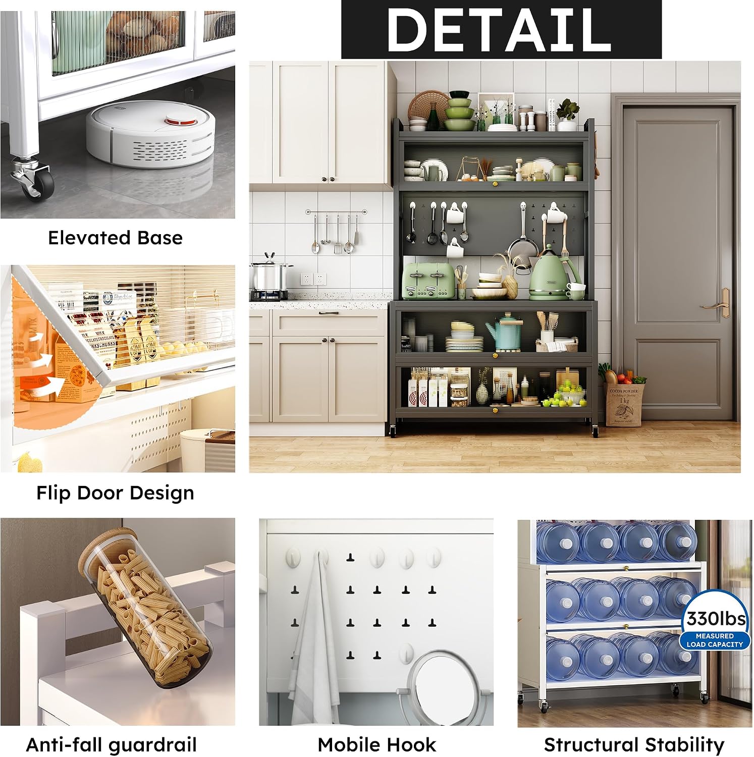 65'' Tall Kitchen Bakers Rack with Flip Door Cabinet, 5 Tier Multifunctional Microwave Stand Buffet, Coffee Bar, Quick Assembly, Gray