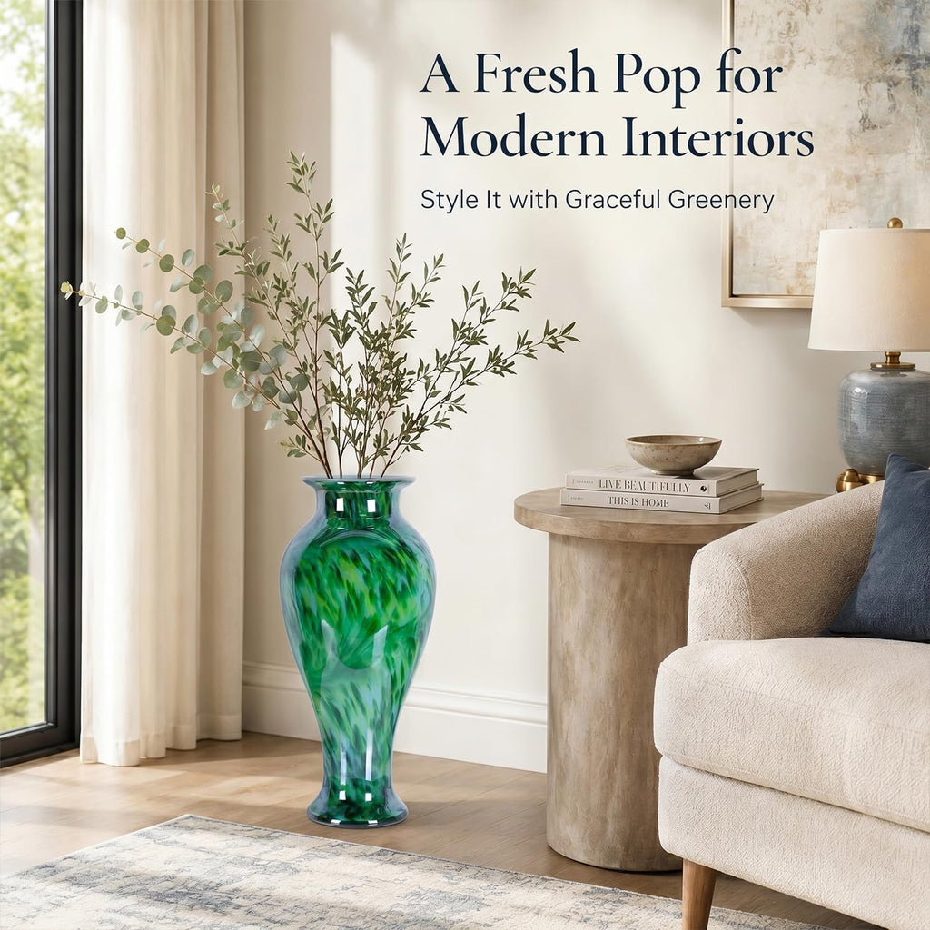 20' Tall Green Glass Vase Hand Blown Large Floor Glass Vase Home Decor, Pretty Modern Dark Green Flowers Vases, Jarrones Grandes para Sala Elegantes, Large Vases for Living Room Wedding Decor