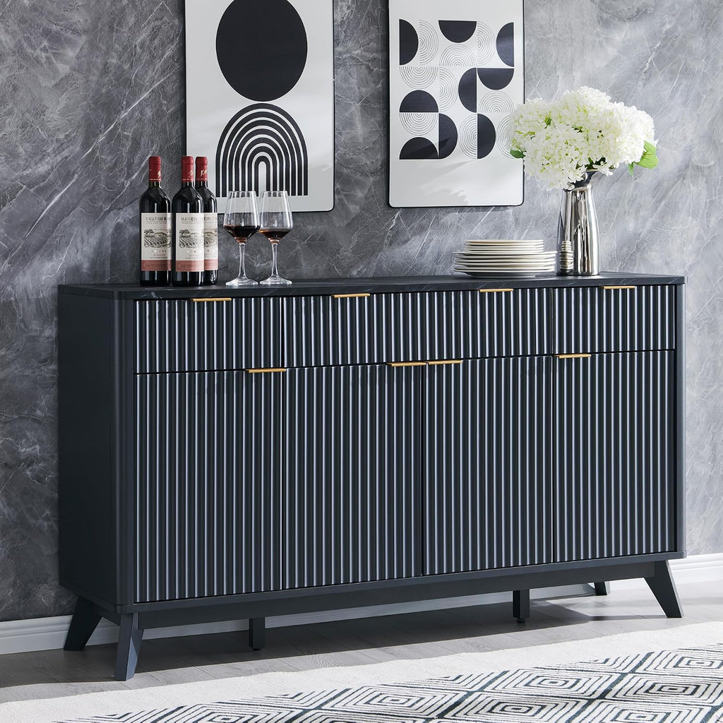 OKD 60' Fluted Buffet Sideboard Cabinet with Storage, Morden Credenza Buffet Table Coffee Bar Storage Cabinet with 4 Doors and 3 Drawers for Dining Room, Living Room,Hallway (Dark Grey)