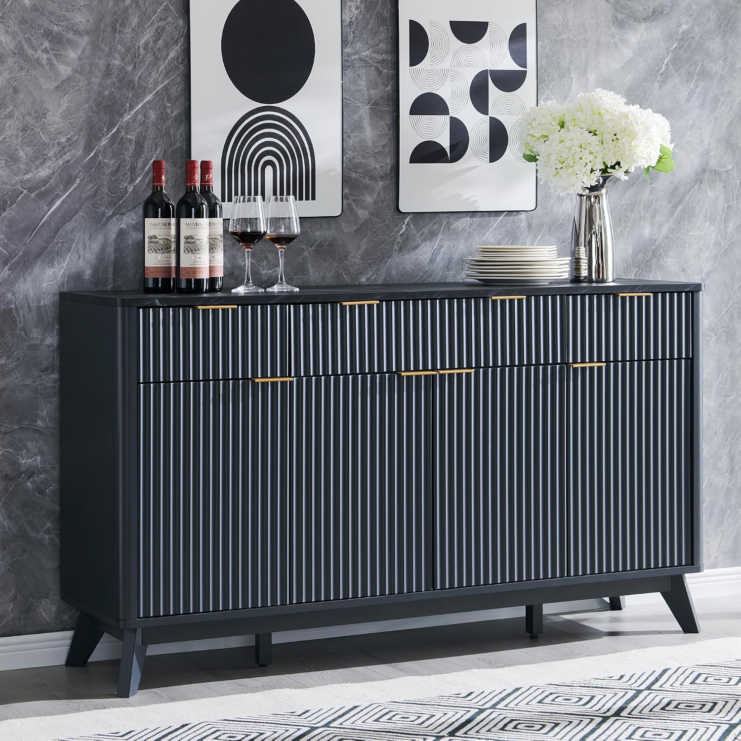 OKD 60' Fluted Buffet Sideboard Cabinet with Storage, Morden Credenza Buffet Table Coffee Bar Storage Cabinet with 4 Doors and 3 Drawers for Dining Room, Living Room,Hallway (Dark Grey)