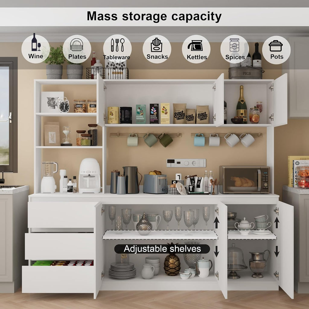 Mekminop Extra Large Kitchen Pantry with Microwave Shelf, Kitchen Hutch Storage Cabinet with Countertop, Freestanding Countertop Cabinet with 3 Drawers and 3 Open Shelves, White