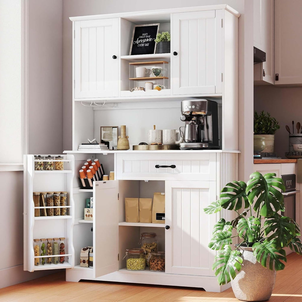 Gizoon Tall Kitchen Storage Cabinet with Door and Shelves, 67' Kitchen Pantry Cabinet Large Coffee Bar Hutch with Storage for Dining Room, Painted White