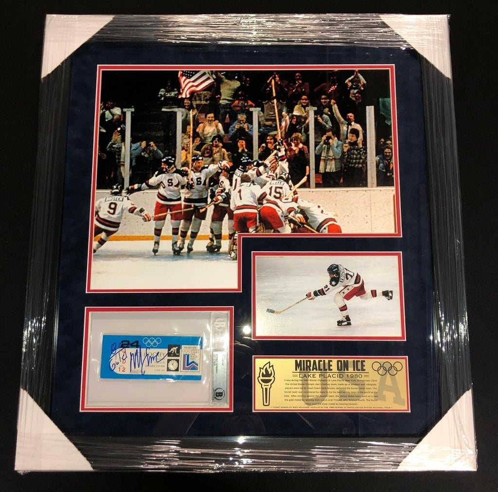 Topps Mike Eruzione Signed 1980 Miracle On Ice Team Usa Framed Gold Medal Game Ticket - Autographed Olympic Tickets