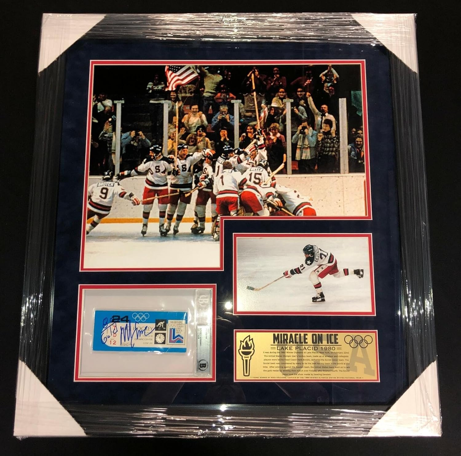 Topps Mike Eruzione Signed 1980 Miracle On Ice Team Usa Framed Gold Medal Game Ticket - Autographed Olympic Tickets