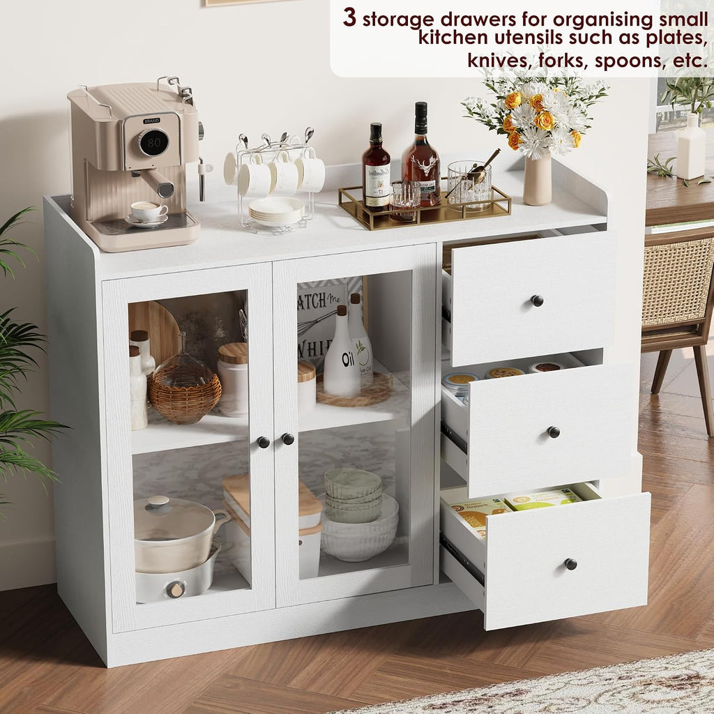 GarveeHome 35 in Kitchen Hutch Storage Cabinet, Coffee Bar Cabinet with 3 Drawers, Freestanding Food Pantry with Countertop for Living Dining Room (White, Low Cabinet)
