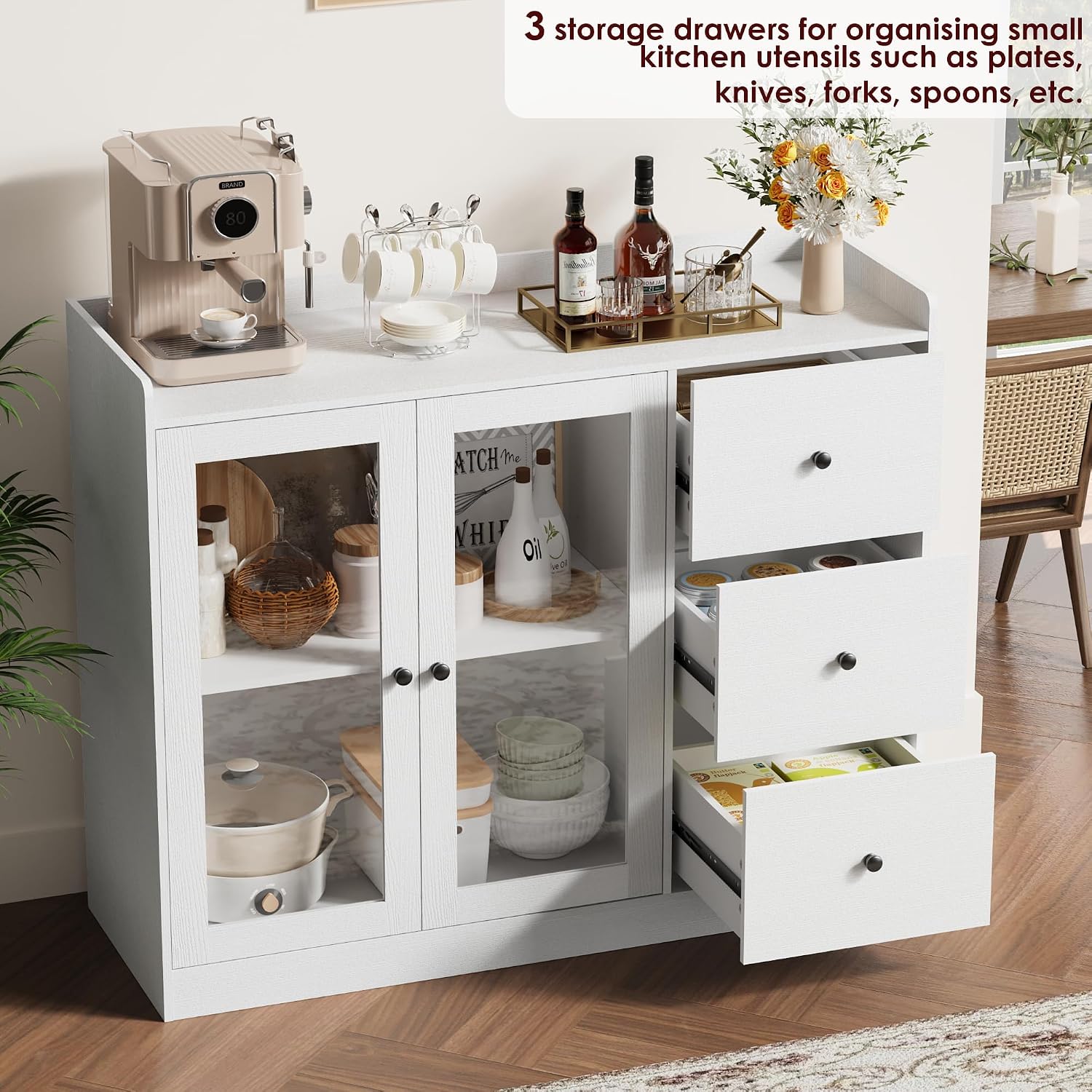 GarveeHome 35 in Kitchen Hutch Storage Cabinet, Coffee Bar Cabinet with 3 Drawers, Freestanding Food Pantry with Countertop for Living Dining Room (White, Low Cabinet)