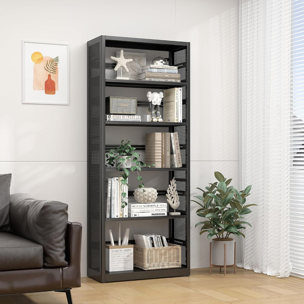 5 Tiers Bookshelf Tall Bookcase Shelf Storage Organizer Book Rack Utility Metal Shelf Adjustable Garage Shelving Organizer Rack for Kitchen Laundry Garage Bathroom Pantry Office 68' H*28' W*13' D