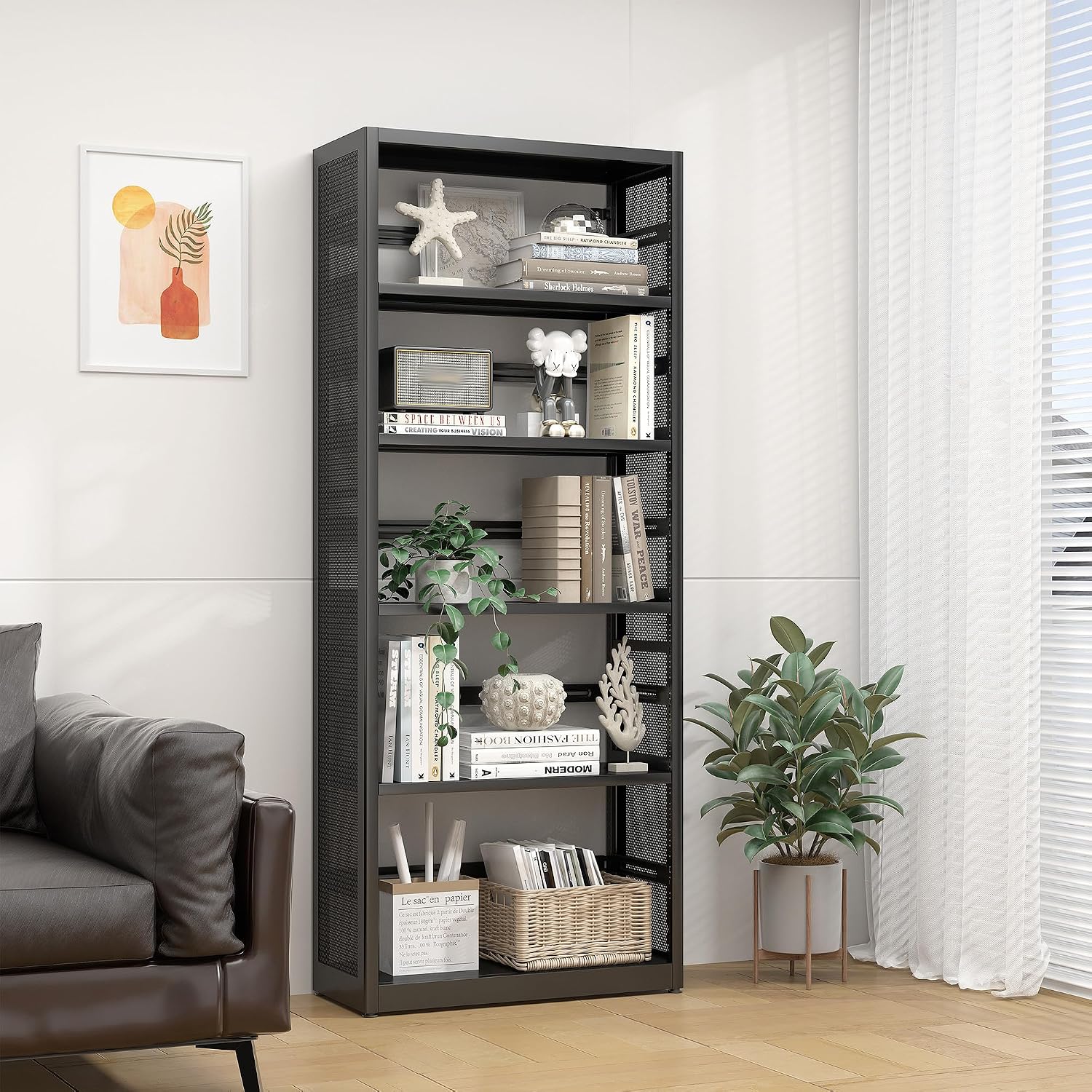 5 Tiers Bookshelf Tall Bookcase Shelf Storage Organizer Book Rack Utility Metal Shelf Adjustable Garage Shelving Organizer Rack for Kitchen Laundry Garage Bathroom Pantry Office 68' H*28' W*13' D