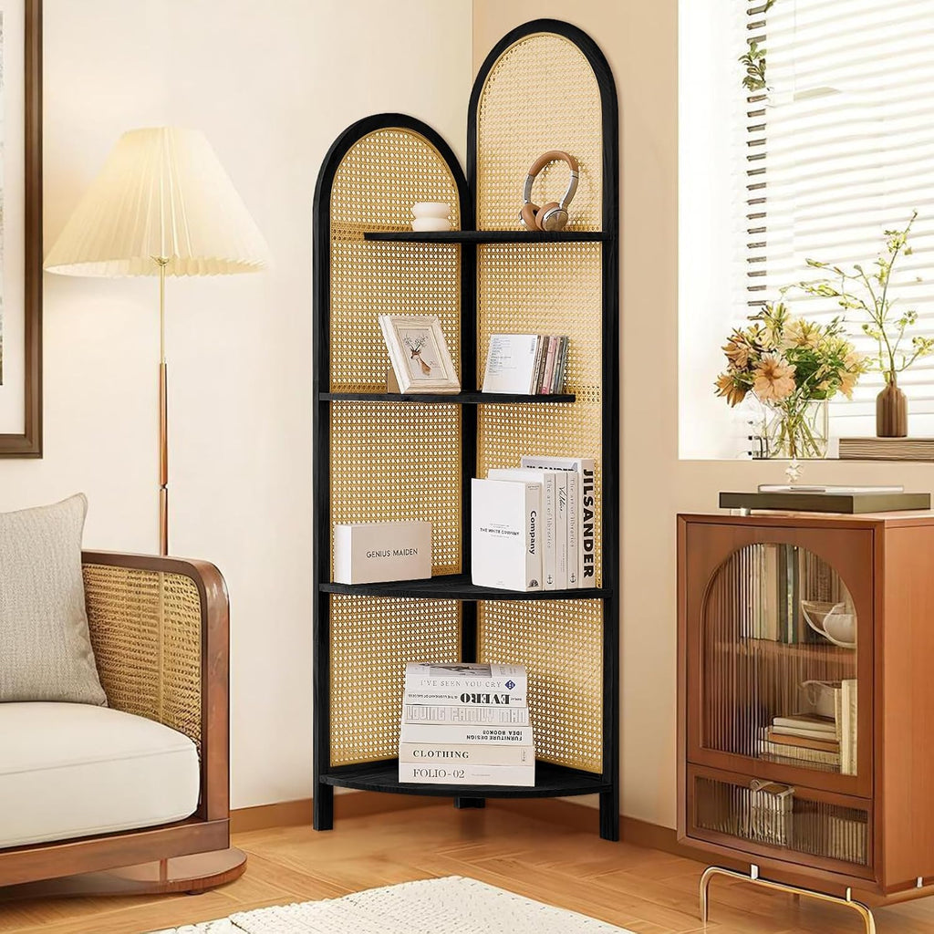 Corner Shelf Stand 4-Tier 70' Solid Wood Frame with Rattan Corner Shelves Display Shelf Wall Corner Bookshelf Multi Unit Organizer Rack with Legs for Living Room Decor,Small Space, Black