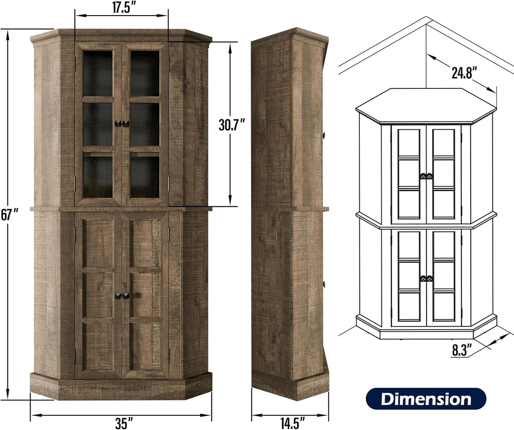 Betterhood Corner Cabinet, 67' Tall Kitchen Pantry Storage Cabinet with Glass Doors and Adjustable Shelves, Freestanding Food Pantry Farmhouse Furniture for Kitchen,Living Room, Rustic Brown