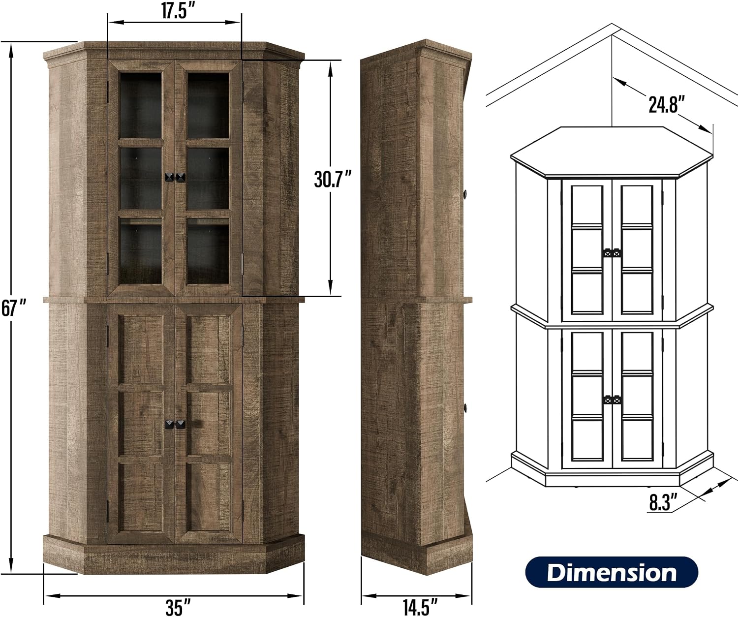 Betterhood Corner Cabinet, 67' Tall Kitchen Pantry Storage Cabinet with Glass Doors and Adjustable Shelves, Freestanding Food Pantry Farmhouse Furniture for Kitchen,Living Room, Rustic Brown