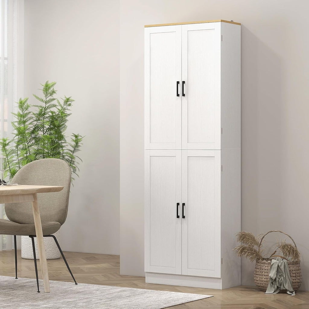 HOMCOM 67' Freestanding Kitchen Pantry, 4-Door Storage Cabinet Organizer with Adjustable Shelves, Kitchen Cabinet with Doors and Shelves, Distressed White