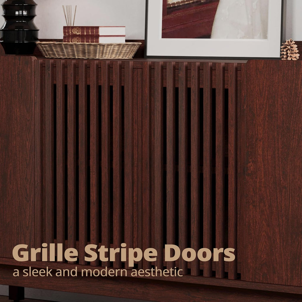IRONCK 63' Storage Cabinet, Buffet Cabinet with Grille Doors and 2 Adjustable Shelves, Mid Century Sideboard for Kitchen, Dining Room, Entryway（Natural Red Walnut）