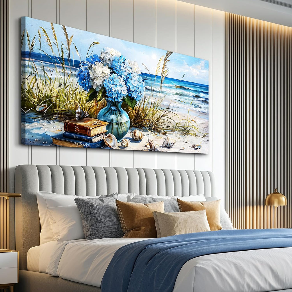 JUDASJART Wall Decor For Bedroom Large Wall Art For Living Room Office Decorations Modern Blue Beach Flower vase Paintings Ocean Seascape Wall Pictures Canvas Artwork Home Decor Ready To Hang