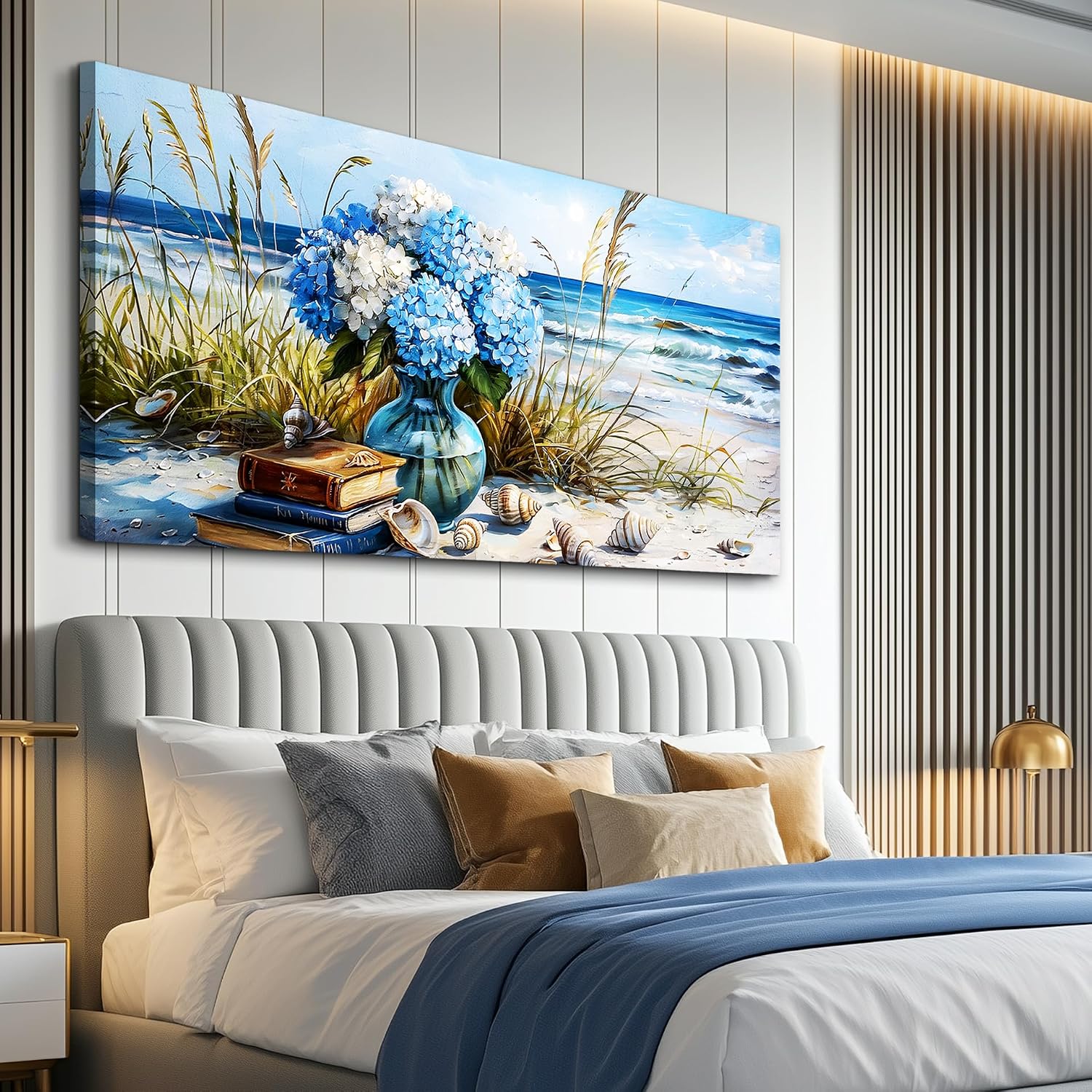 JUDASJART Wall Decor For Bedroom Large Wall Art For Living Room Office Decorations Modern Blue Beach Flower vase Paintings Ocean Seascape Wall Pictures Canvas Artwork Home Decor Ready To Hang