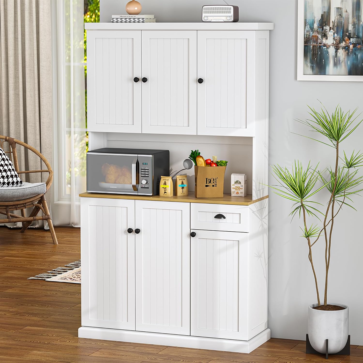 RASOO Buffet Hutch Cabinet Kitchen Sideboard Pantry Cabinet Wood Kitchenware Server Kitchen Storage Microwave Cabinet with 3 Doors Upstairs and 3 Doors downstairs and 1 Drawer, White (R0086)