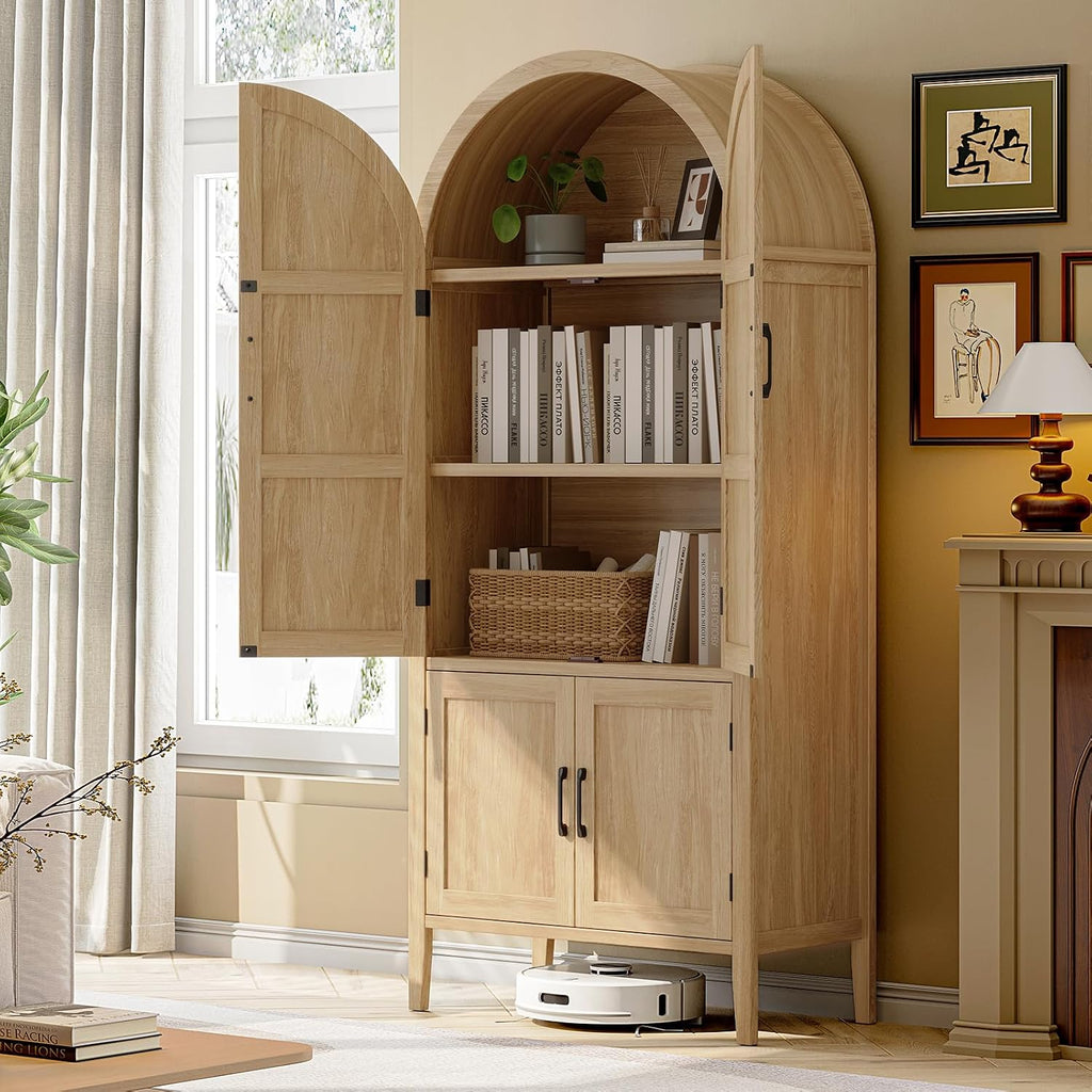 ONBRILL 71' Tall Wooden Arched Cabinet, 5-Tier Arched Kitchen Pantry Cabinet with Doors & Shelves, Farmhouse Kitchen Arch Cabinets with Adjustable Feet, Wooden Pantry Storage for Dining Room(Oak)