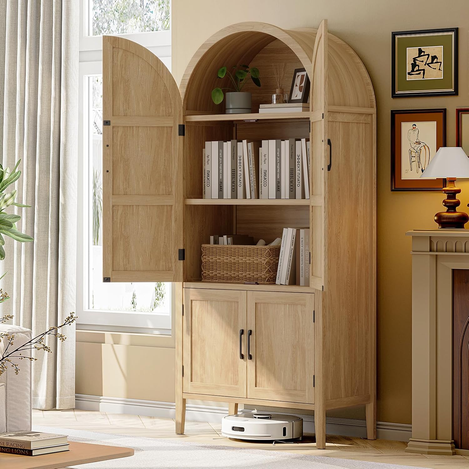 ONBRILL 71' Tall Wooden Arched Cabinet, 5-Tier Arched Kitchen Pantry Cabinet with Doors & Shelves, Farmhouse Kitchen Arch Cabinets with Adjustable Feet, Wooden Pantry Storage for Dining Room(Oak)