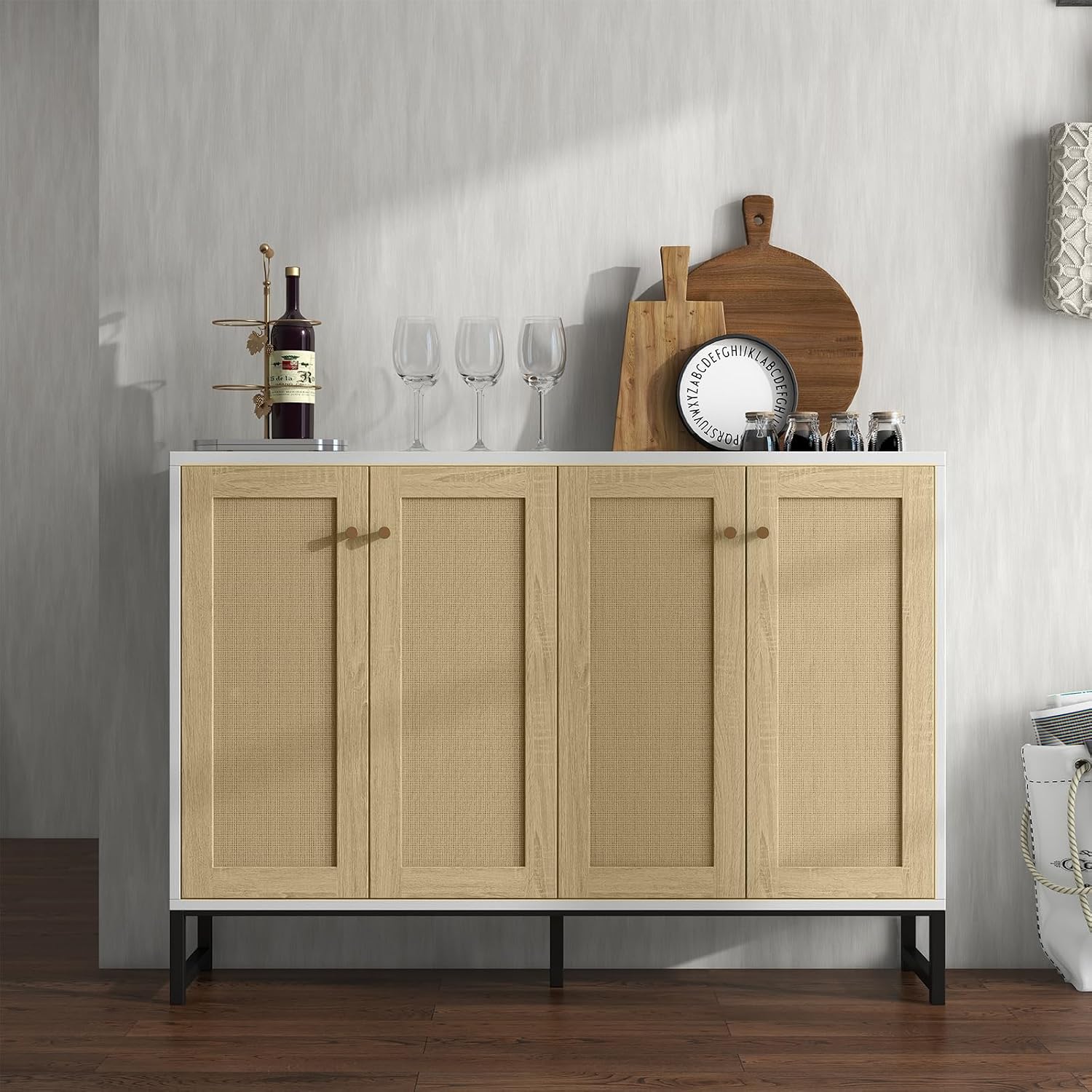 Panana Sideboard Accent Storage Cabinet with Rattan Decorated 4 Doors Dining Room Freestanding Kitchen Buffet Table Cupboard (White)