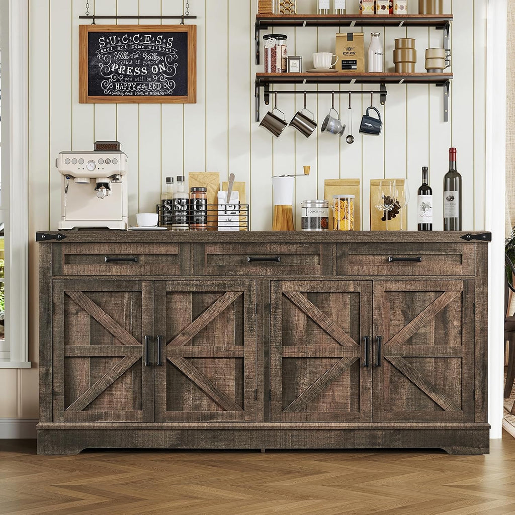 usikey Buffet Cabinet, 61' Large Sideboard Buffet Storage Cabinet with 3 Drawers, Farmhouse Coffee Bar with 4 Doors, Buffet Table for Kitchen, Living Room, Antique Oak