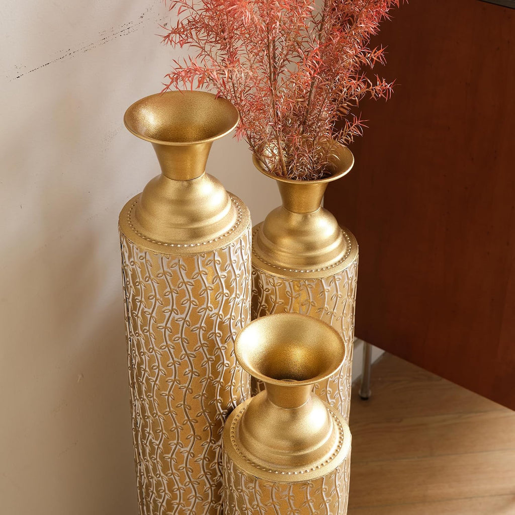 Floor Vases Decorative Tall - 34/29/25in Metal Extra Large Decorative Vase Set of 3, Gold Tall Floor Vase for Home Decor, Living Room Entryway Decor Dining Bedroom Home Corner Indoor Office